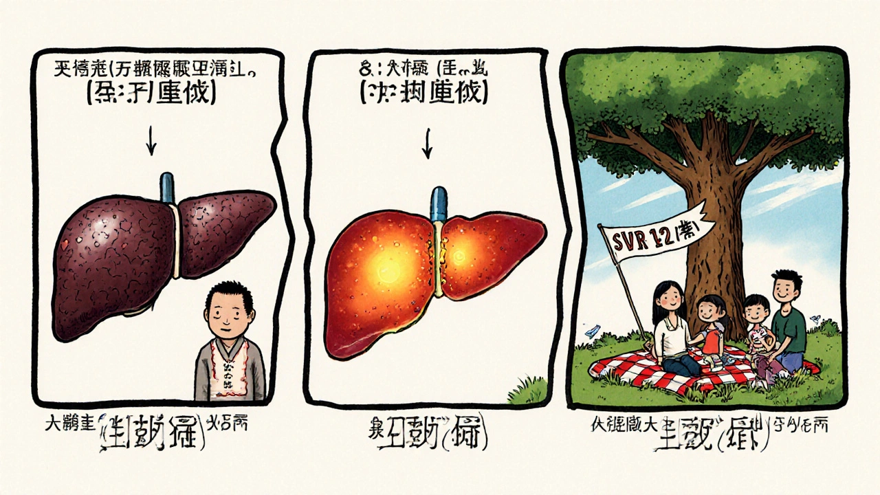 A damaged liver transforms into a healthy one over ten years, ending with a cured patient enjoying a family picnic.