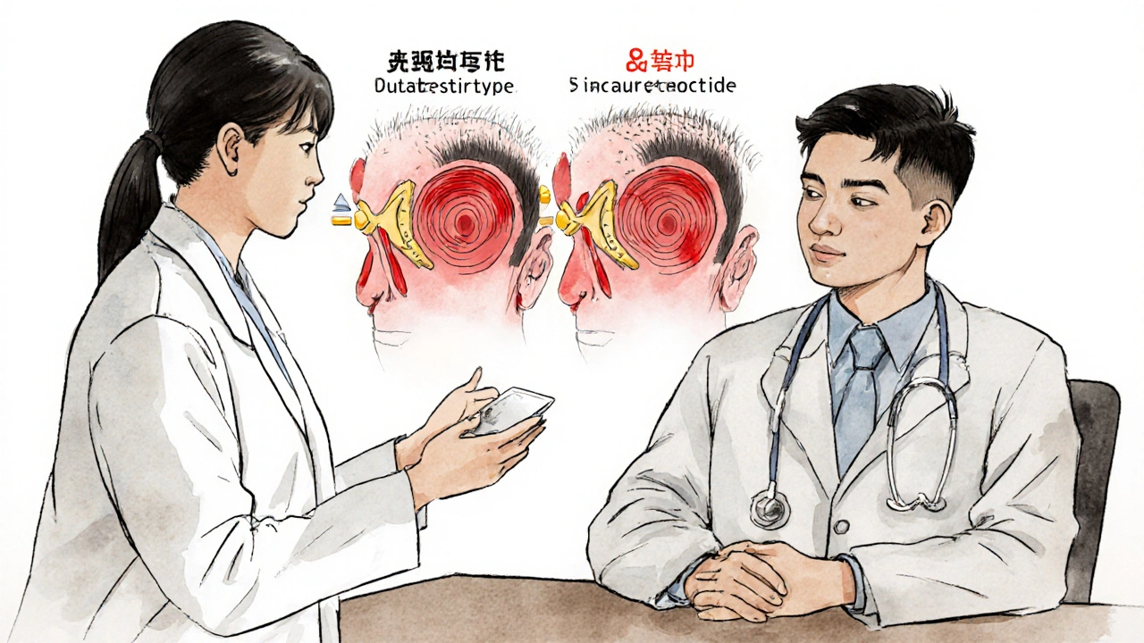 A dermatologist explains hair loss treatment using an illustrated diagram of enzyme blocking, in Chinese manhua style.