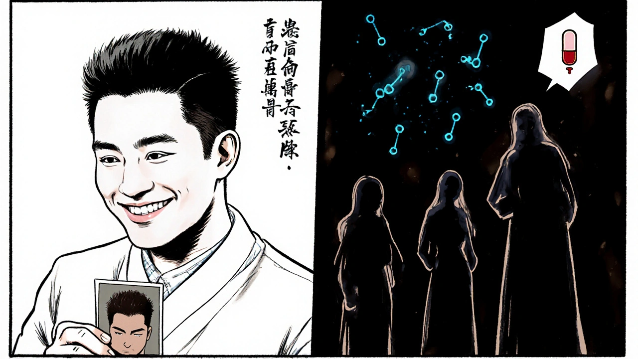 A man celebrates hair regrowth while DHT molecules retreat, with a cautionary symbol in the corner, in Chinese manhua style.