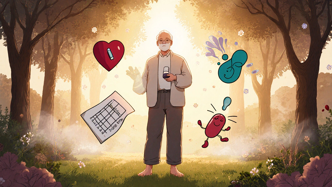 A man in a garden holds an onion extract capsule as health icons float around him.