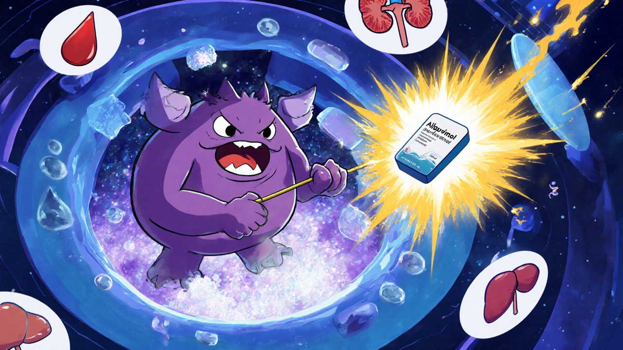 Allopurinol tablet blocking cartoon xanthine oxidase enzyme inside a cell.