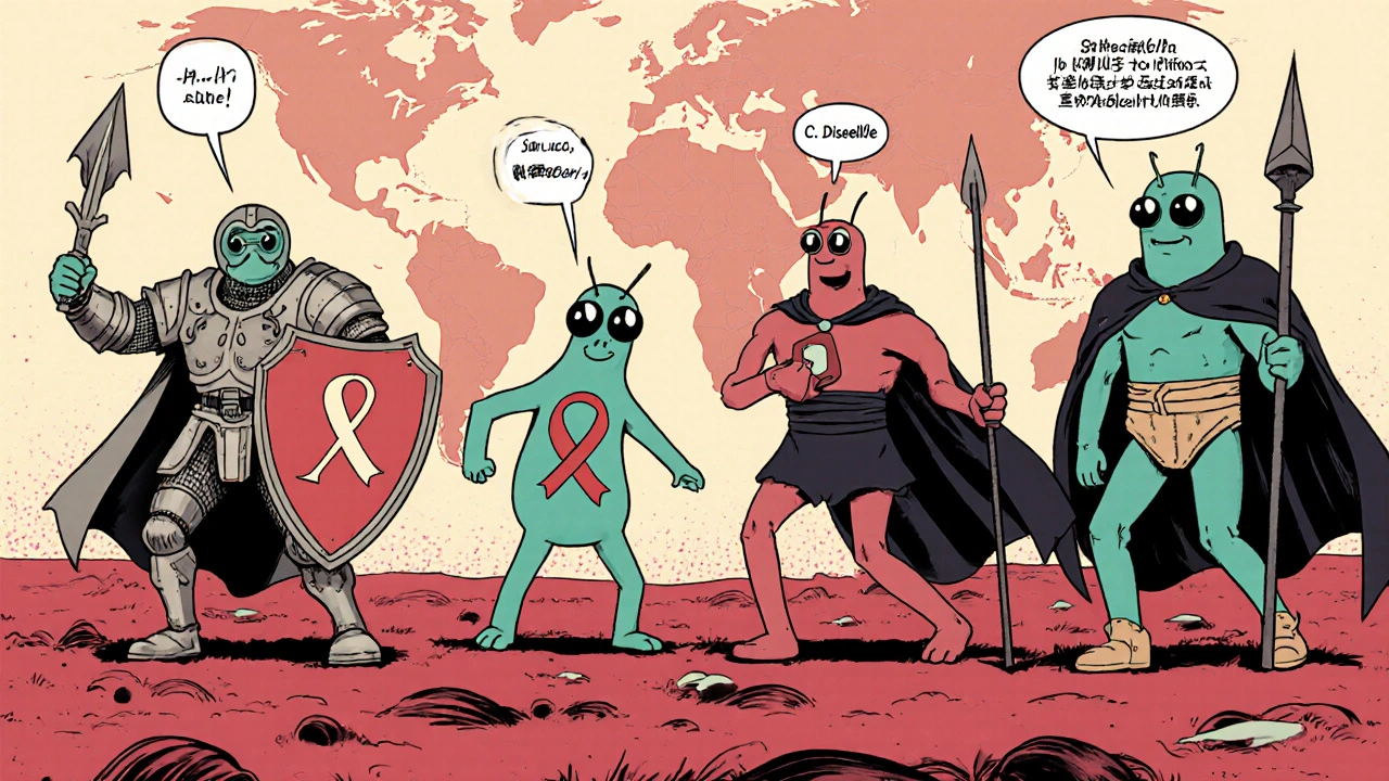 Anthropomorphic drug‑resistant bacteria in armor representing major gut pathogens.