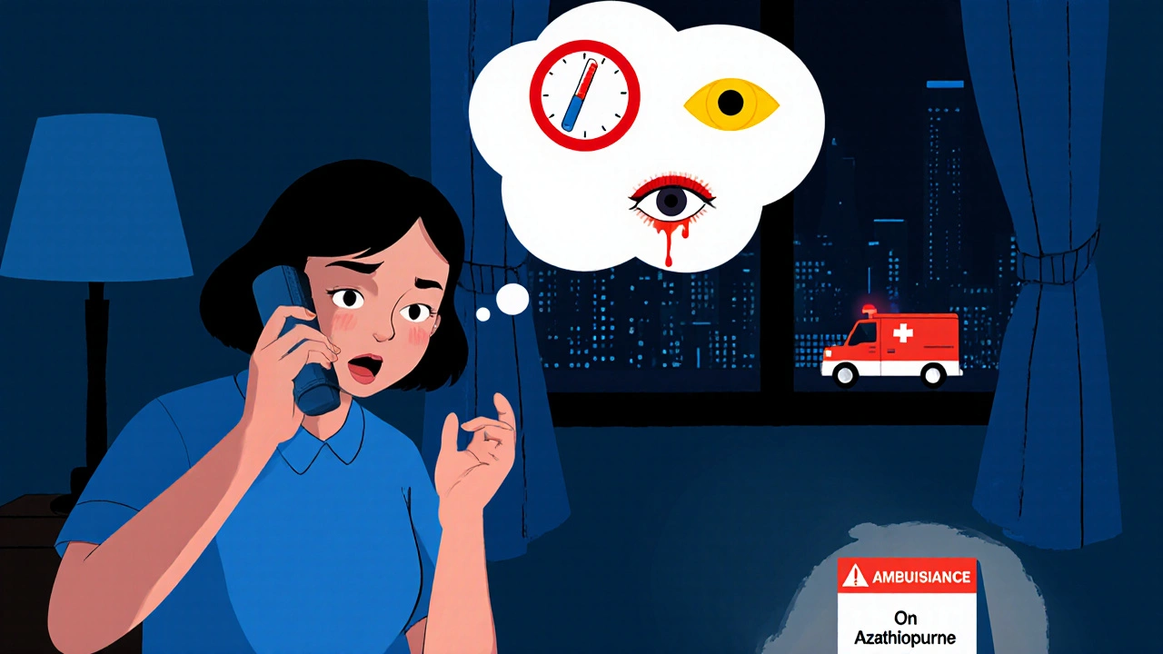 Caregiver calling emergency, with thought bubbles of fever, jaundice, and bleeding.