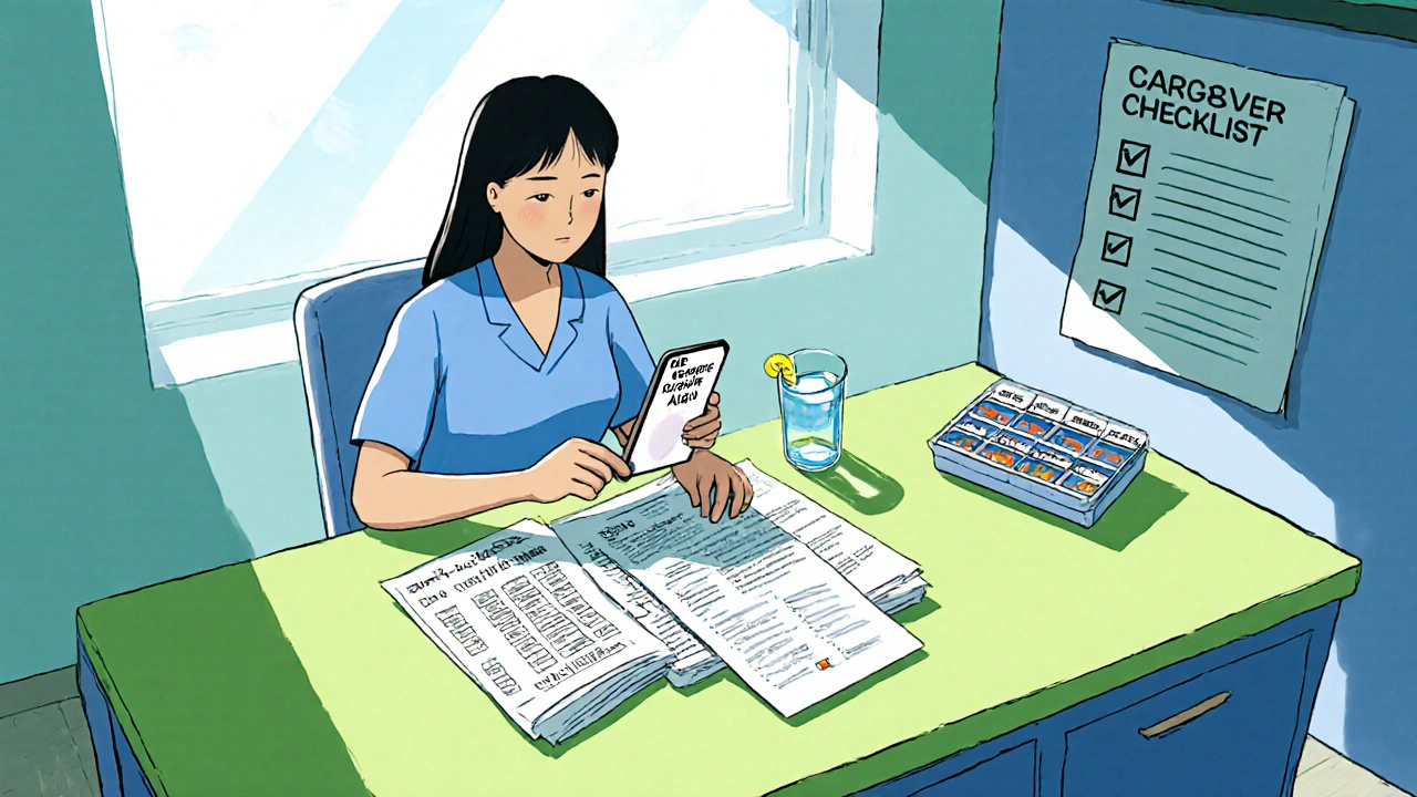 Caregiver reviewing lab reports and a pill organizer at a sunny kitchen table.