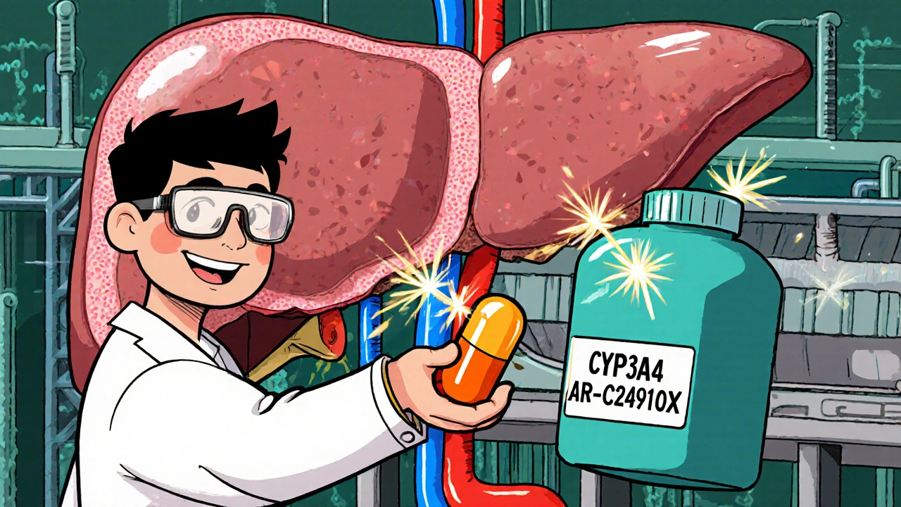 Cartoon liver scene where CYP3A4 enzyme converts ticagrelor into its active metabolite.