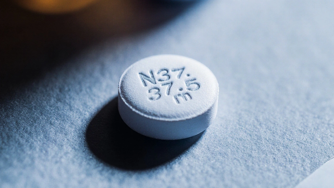 Close‑up of a venlafaxine tablet showing imprint N37.5 on a matte surface.