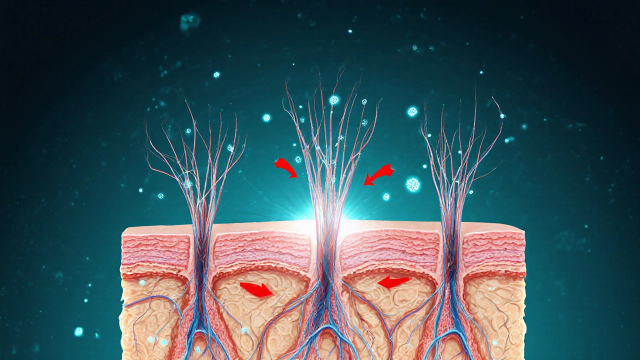 Close-up view of scalp follicles with blood vessels dilated by minoxidil.