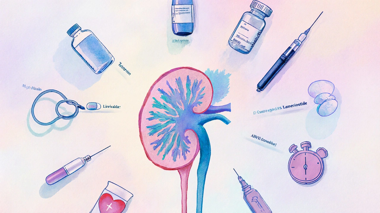 Collage of kidney silhouette surrounded by pills, injections, and blood‑pressure symbols.