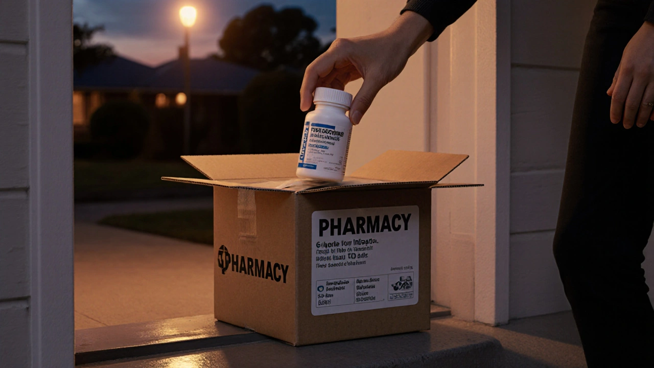 Delivery box on porch with pharmacy label, opened to reveal generic ibuprofen bottle at dusk.