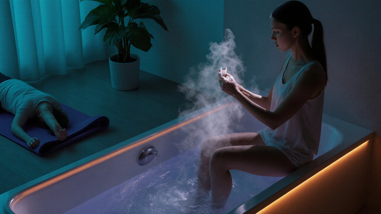 Digital art of a person applying moisturizer beside a steaming tub, yoga mat, and plant.