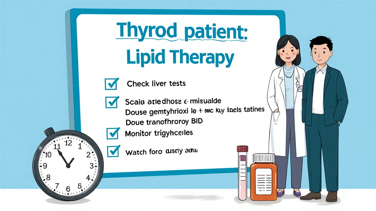 Doctor and patient reviewing a checklist for safe gemfibrozil and levothyroxine use.