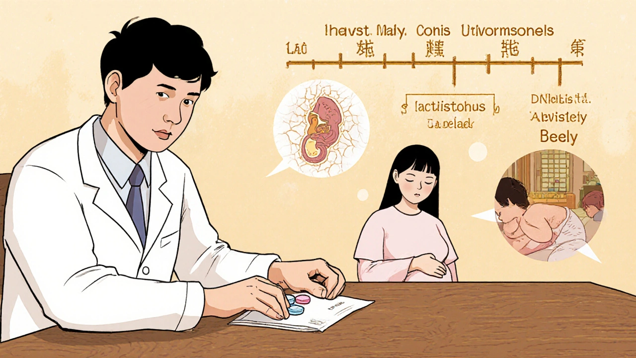 Doctor and patient switching from ibuprofen to acetaminophen with trimester timeline above