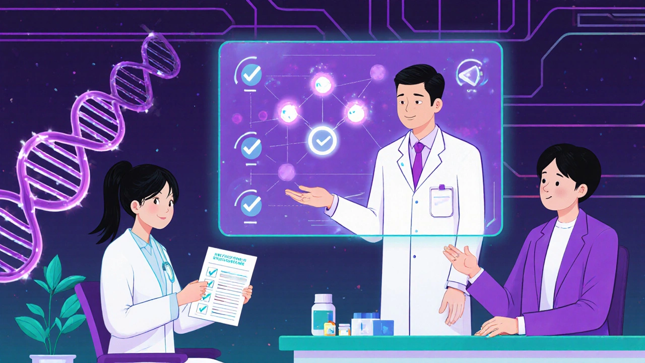 Doctor, pharmacist, and patient viewing AI hologram of drug interactions and genetic data in a futuristic clinic.