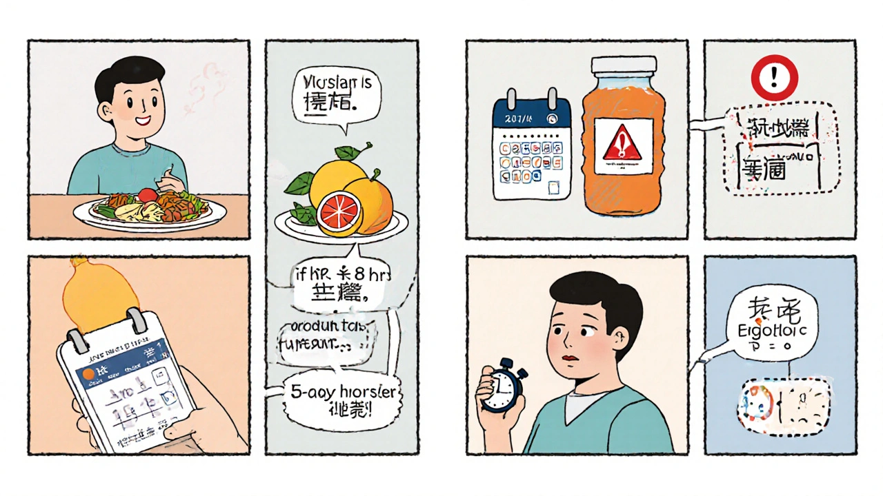 Educational panels showing food intake, grapefruit warning, missed dose rule, and surgery timing.