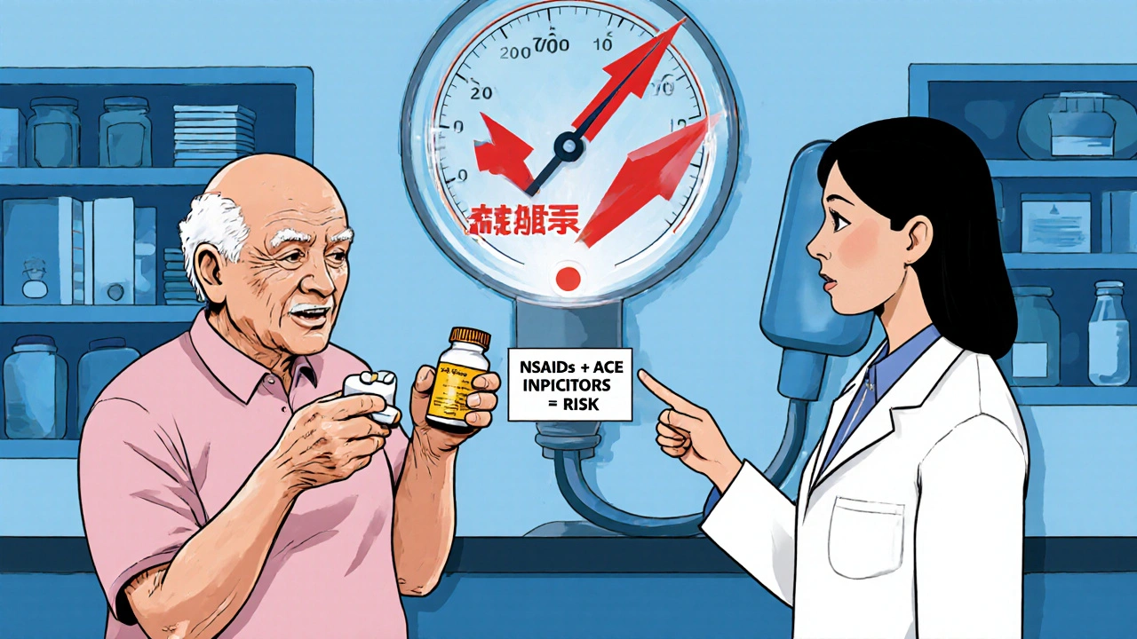 Elderly patient taking ibuprofen and ACE inhibitor pills while blood pressure gauge spikes, pharmacist warns.