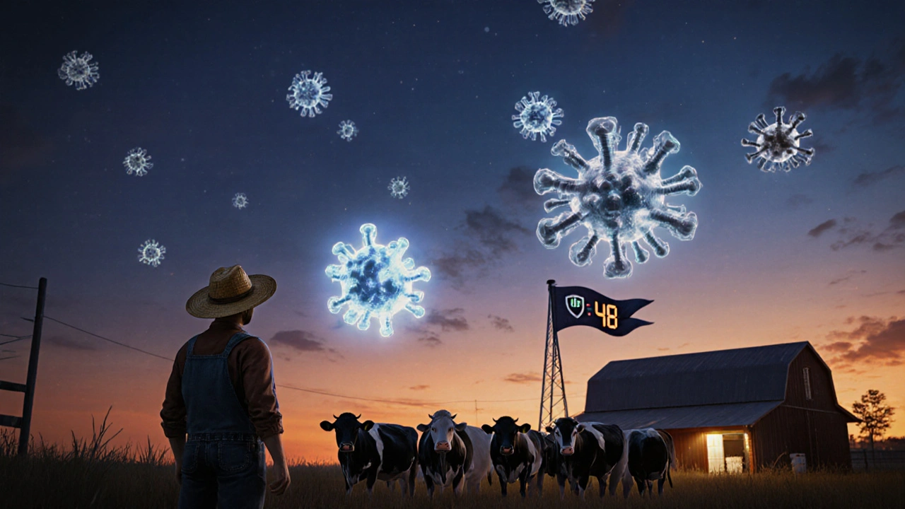Farm at dusk showing cows treated with sulfamethoxazole, resistant bacteria clouds, and a withdrawal timer.