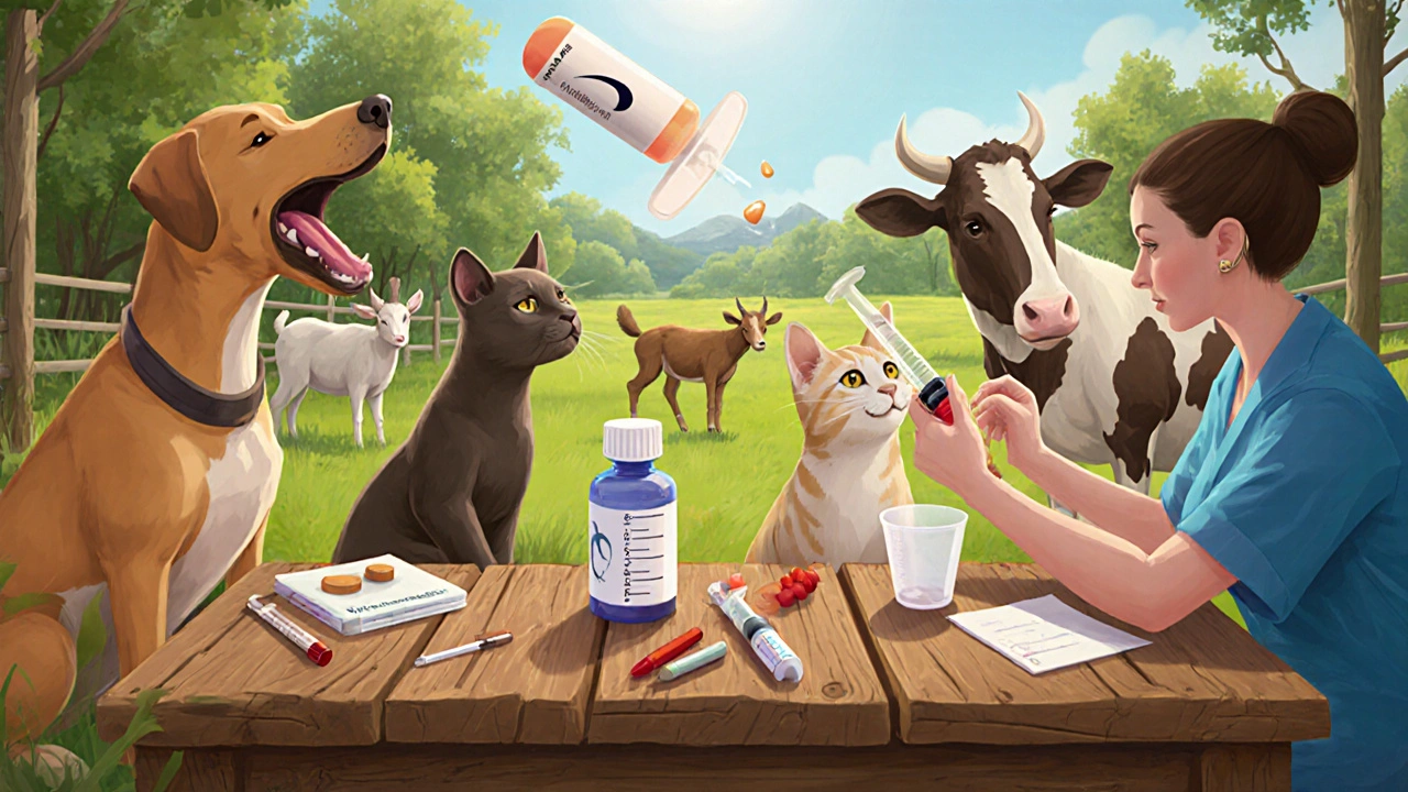 Field station table with medication tools surrounded by a dog, cat, cow, goat, and foal.