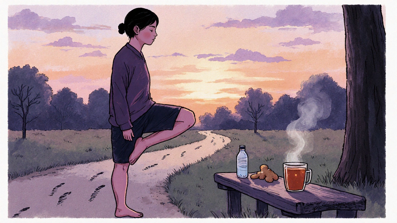 Figure practicing yoga in a park at dusk, holding a water bottle and ginger tea, surrounded by a calm sunset.
