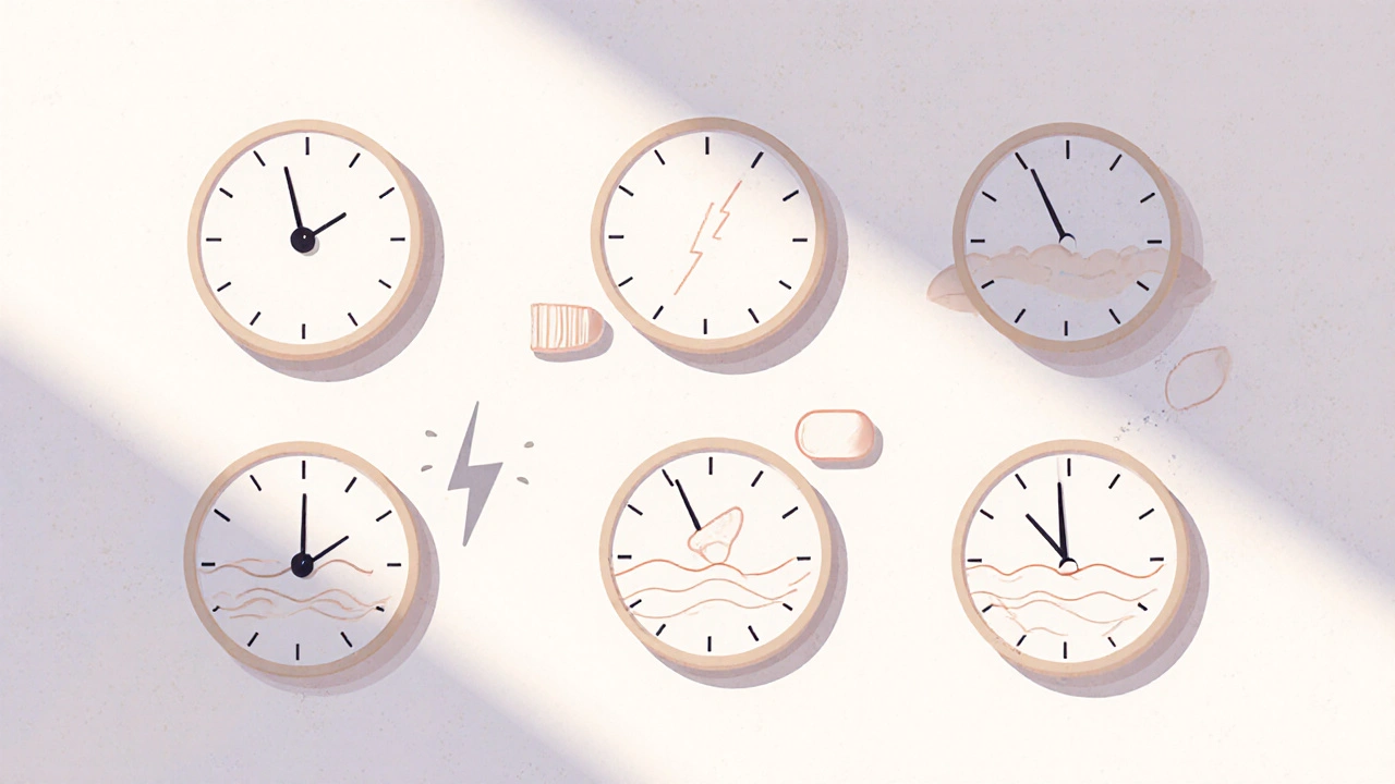 Flat‑lay of clocks and abstract icons illustrating onset and duration of ED medications.