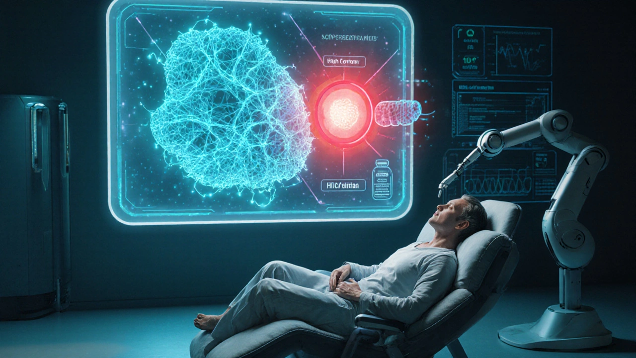 Futuristic treatment room with holographic tumor genome, ctDNA analysis, and triple‑therapy infusion.