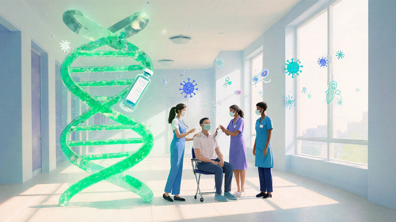 Healthcare team vaccinating a patient with a glowing repaired chromosome in the background.