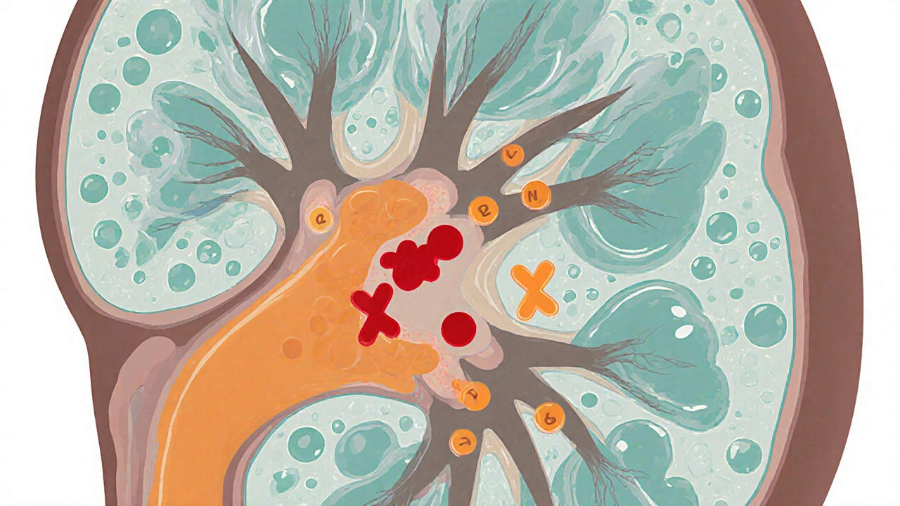Illustrated kidney cross‑section showing cysts and Tolvaptan blocking V2 receptors.