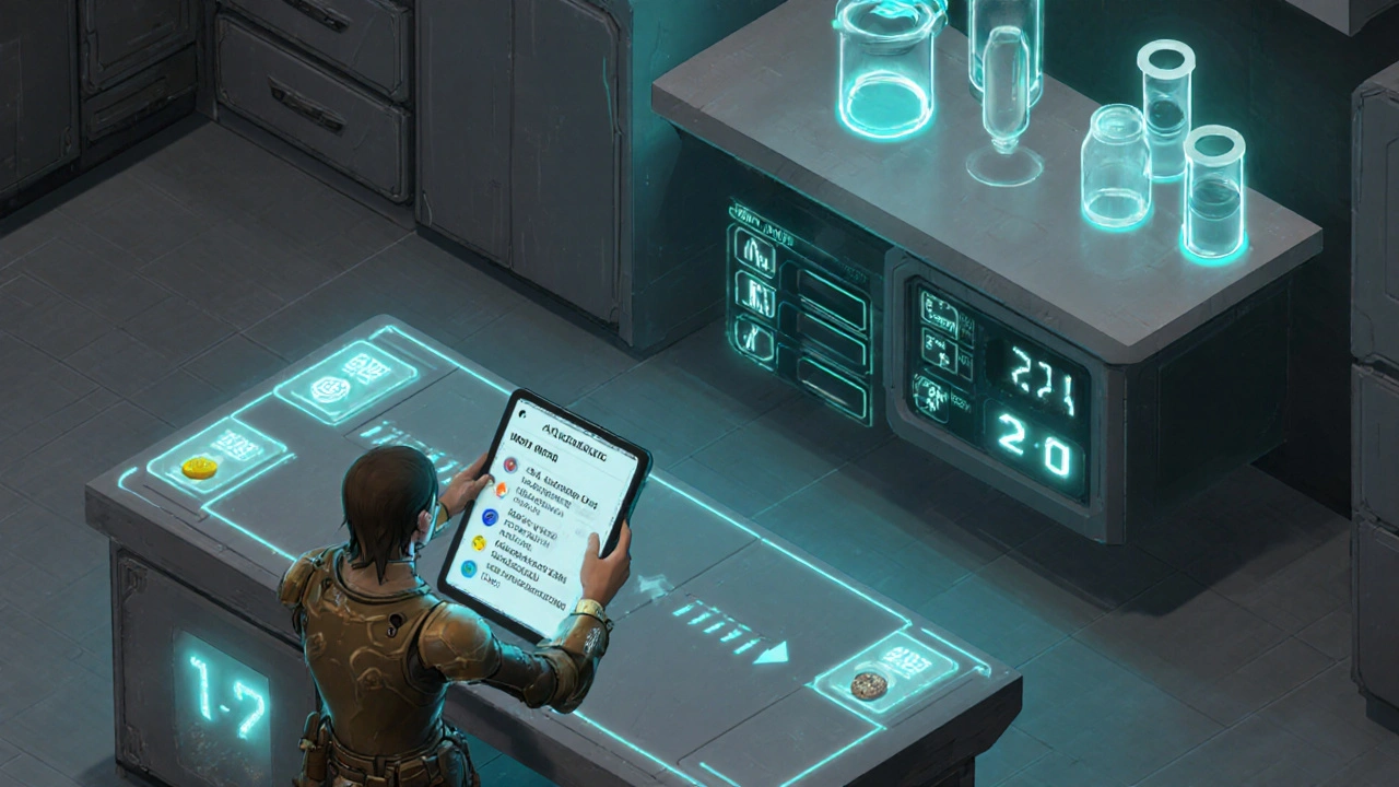 Isometric game UI showing a hero planning a 4‑week supplement stack.