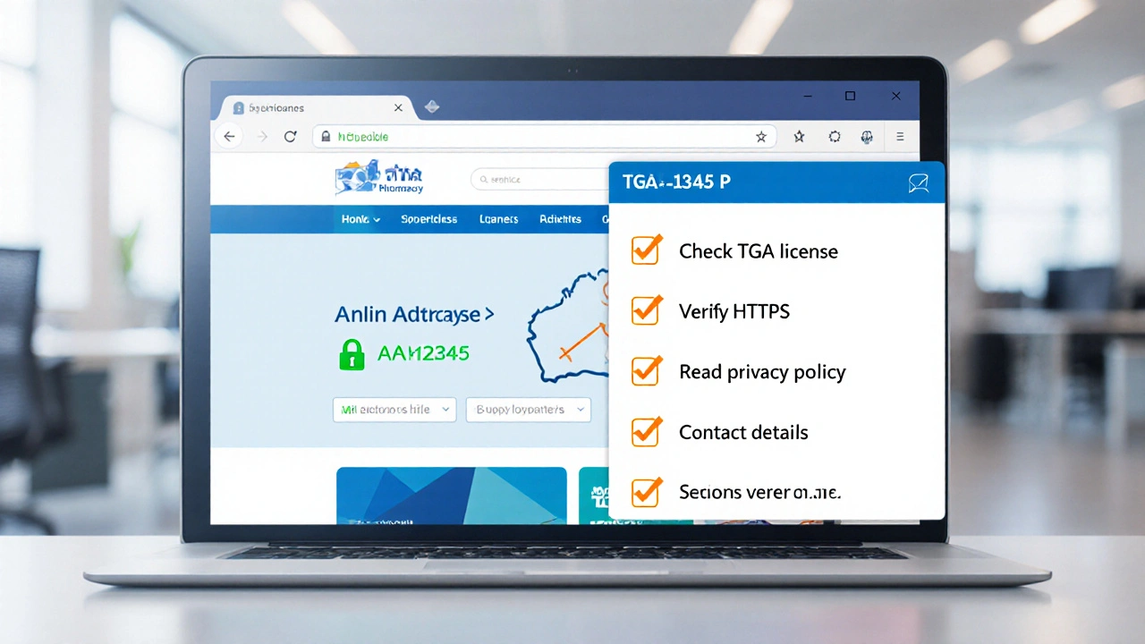 Laptop screen showing online pharmacy site with TGA licence, HTTPS lock, and verification checklist.