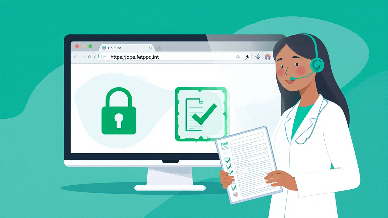 Laptop screen with secure padlock and checklist, pharmacist holding prescription for upload.