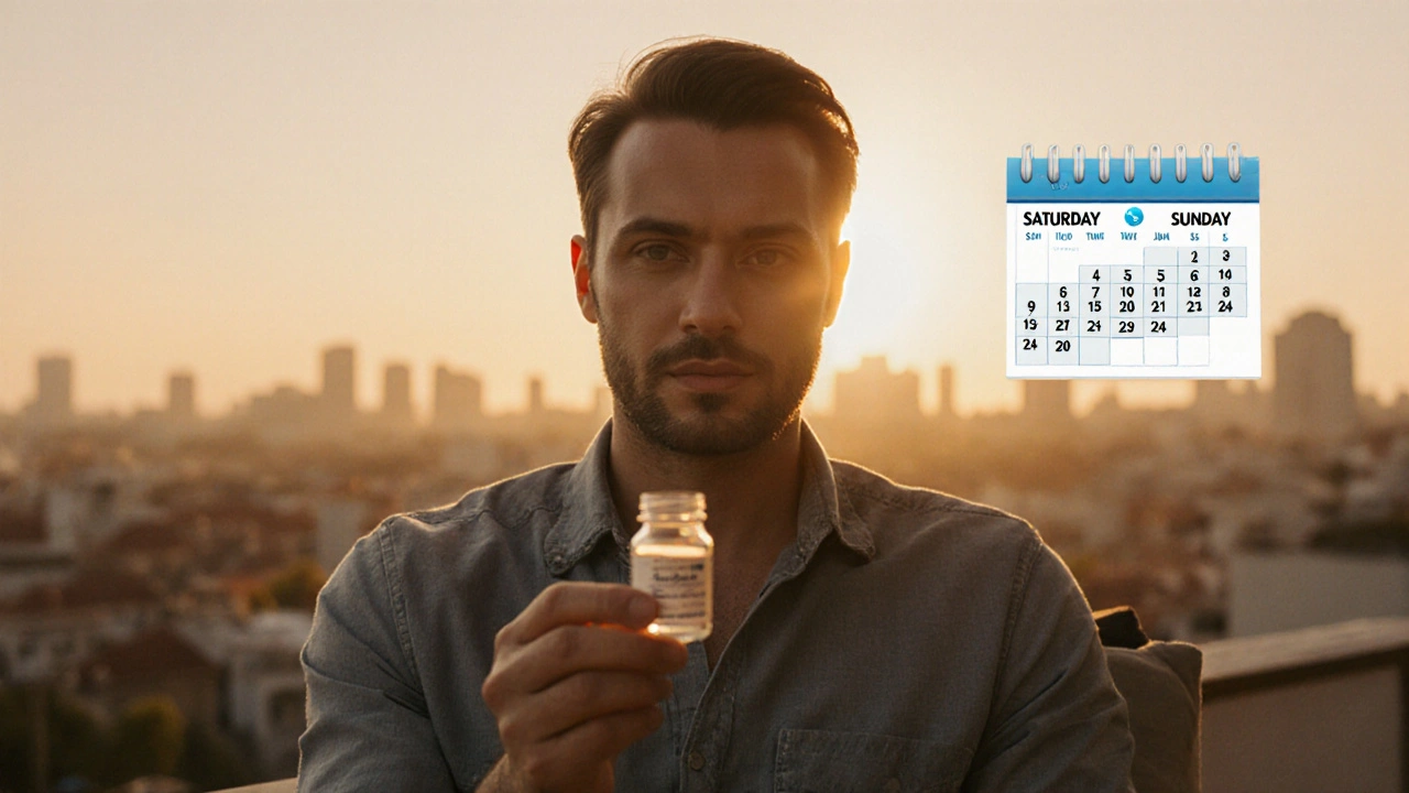 Man holding a pill bottle on a sunset balcony with a weekend calendar in the background.