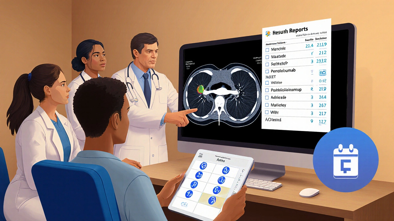 Oncology clinic scene with doctors reviewing scans and biomarkers while patient looks at medication plan.