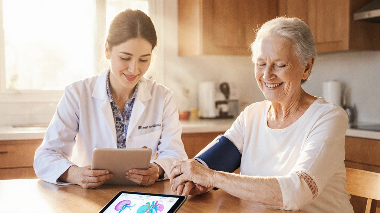 Patient checking blood pressure at home while a doctor reviews results, warm lighting.