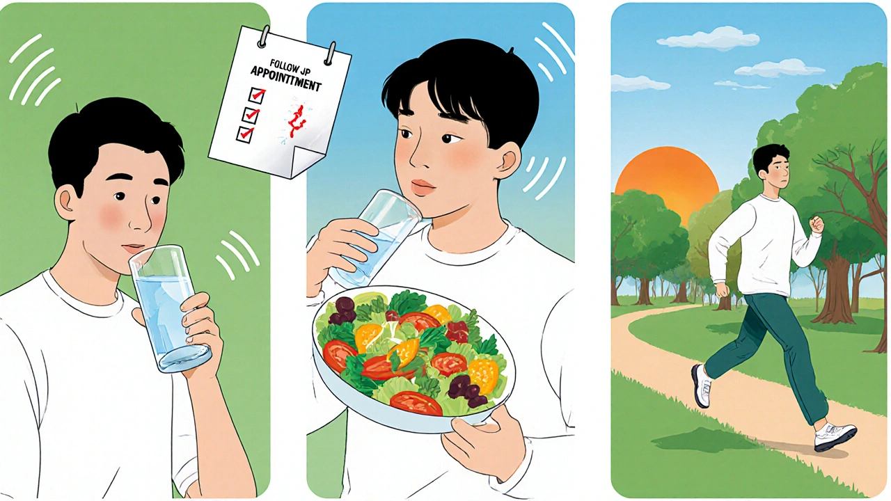 Patient drinking water, eating salad, and walking, with a calendar reminder.