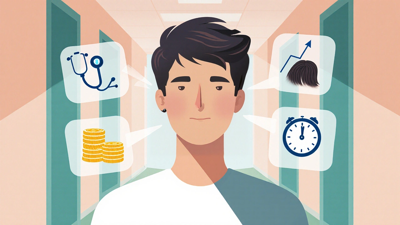 Person surrounded by icons for medical, budget, convenience, and outcome choices.