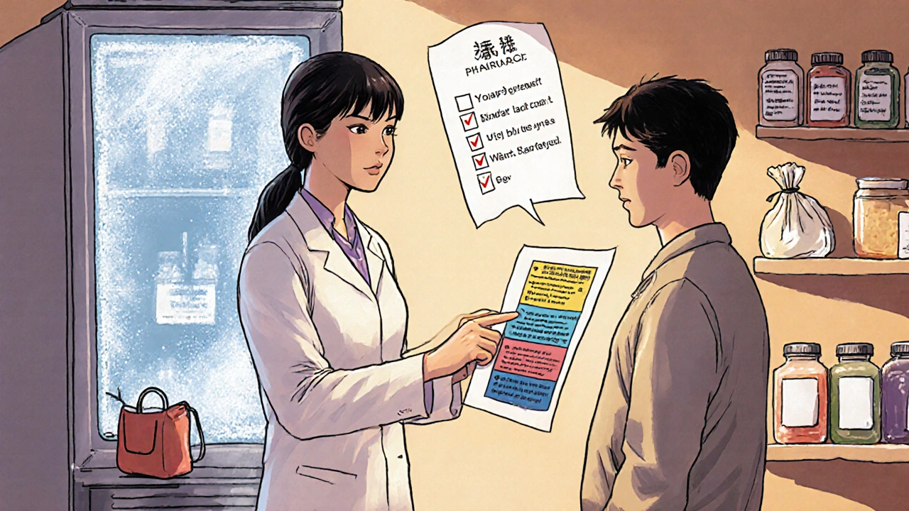 Pharmacist teaches patient storage steps, with a fridge, insulated pouch, and checklist nearby.