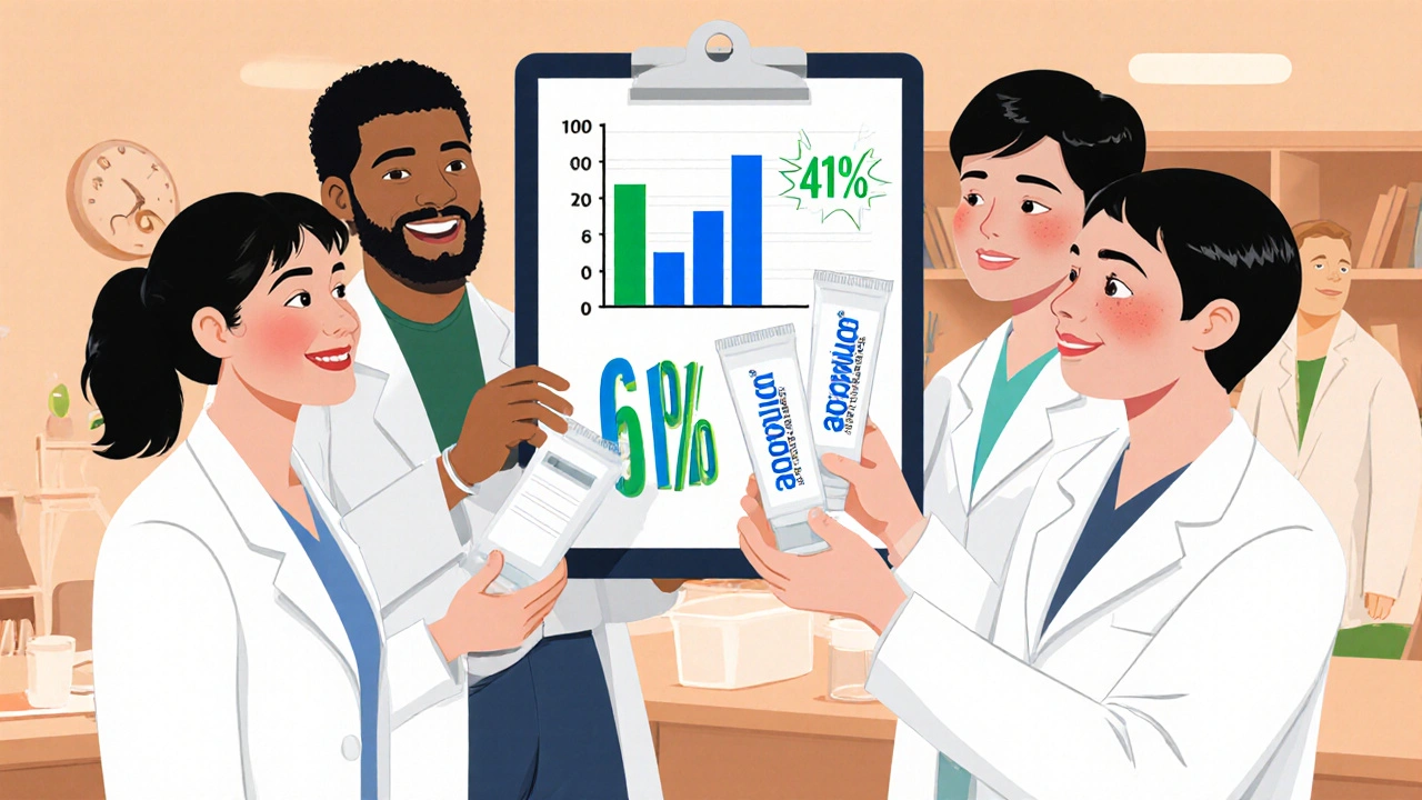 Researchers presenting trial results with adapalene and placebo gels.