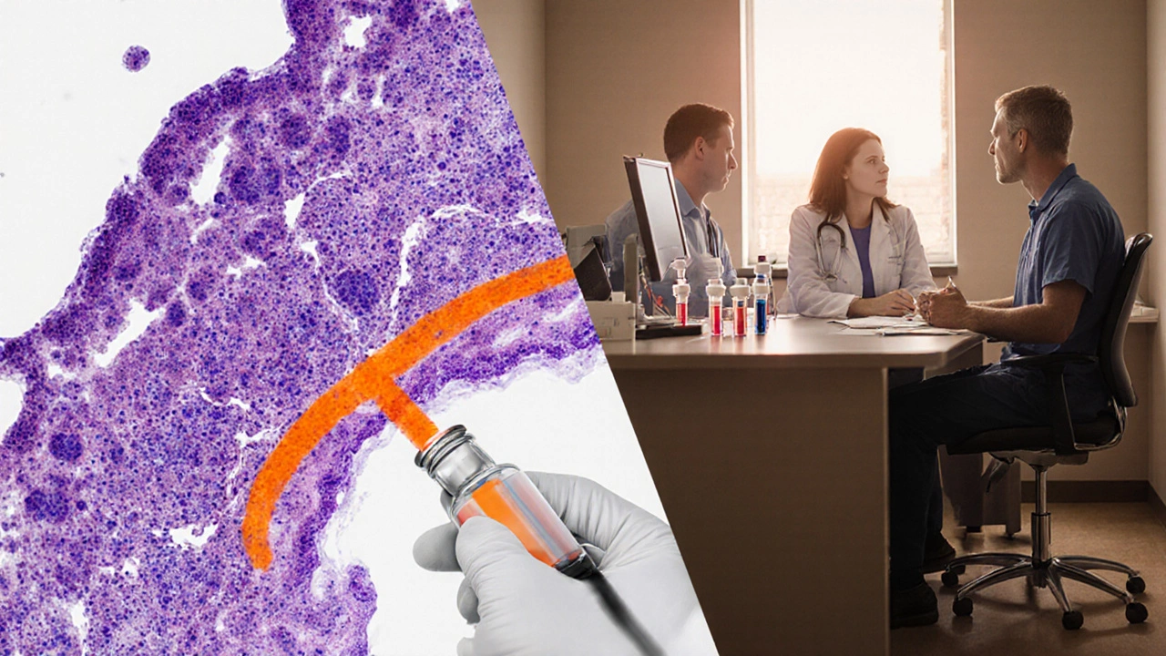 Split illustration of a biopsy slide showing Philadelphia chromosome and doctors discussing treatment.