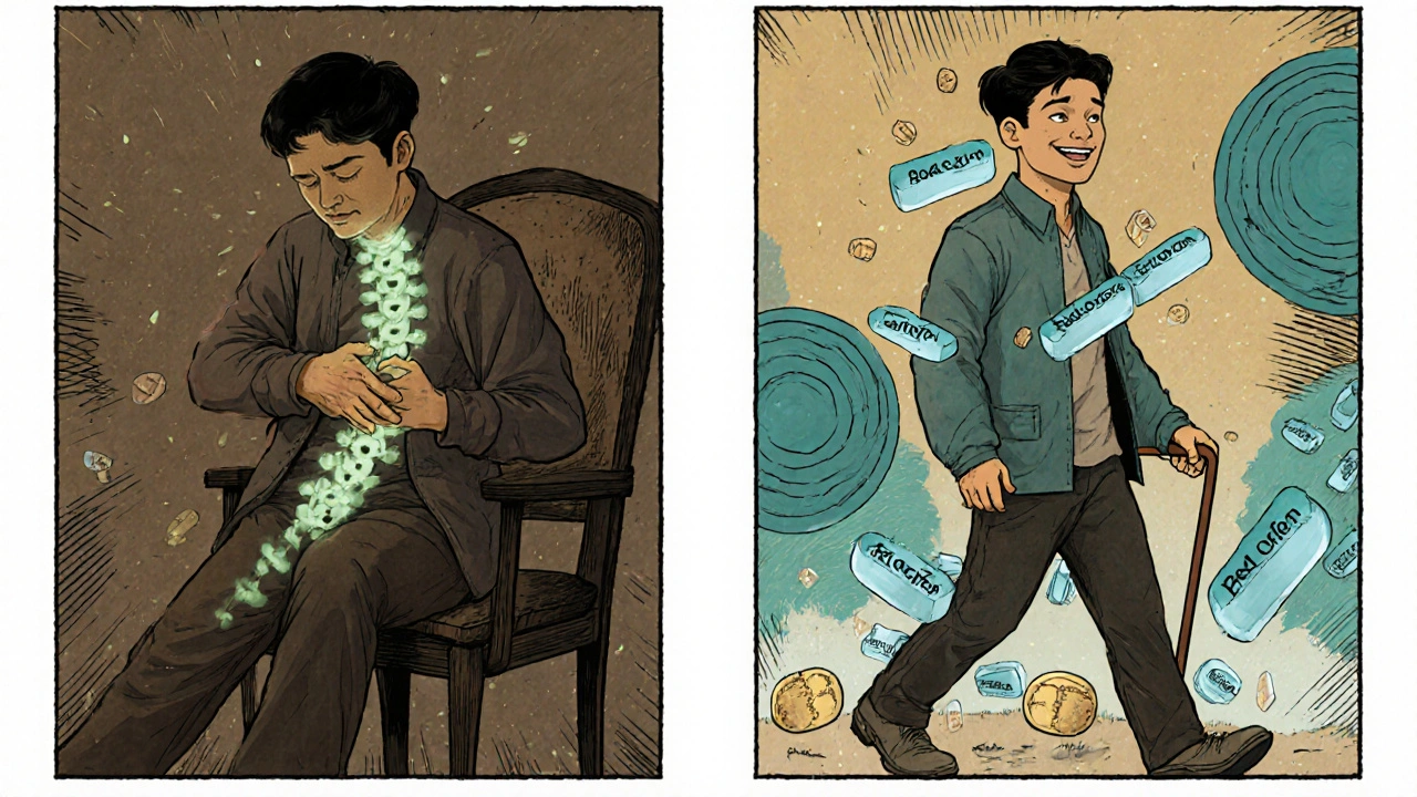 Split scene of man before and after baclofen treatment, cysts dimming with pain relief in manhua style.