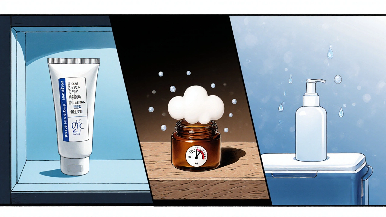 Three panels showing cream, ointment, and lotion stored at their recommended temperatures and humidities.