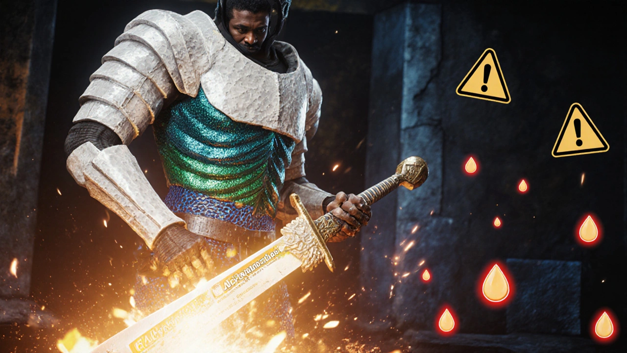 Warrior forging glowing bone armor with Alfacalcidol sword and vitamin sparks.