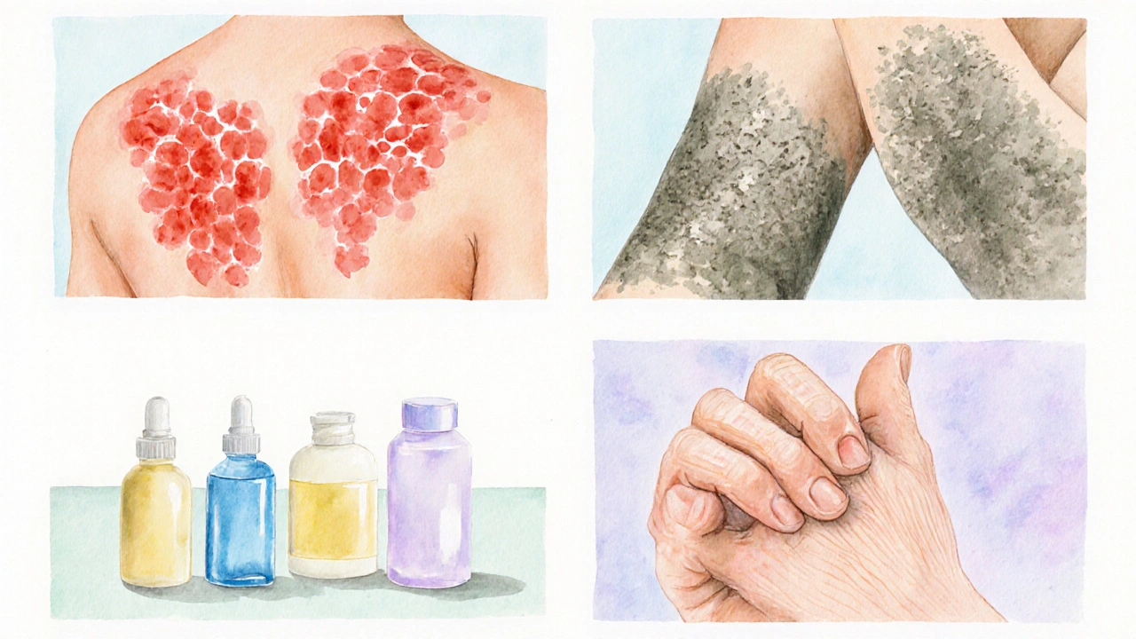Watercolor collage of hives, eczema, dermatitis rash, and an itchy hand with skincare items.
