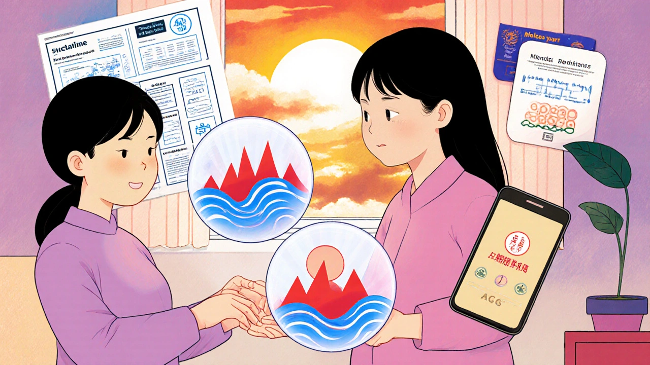 Woman tapering SSRI dosage as calming blue waves replace red spikes in fetal silhouette