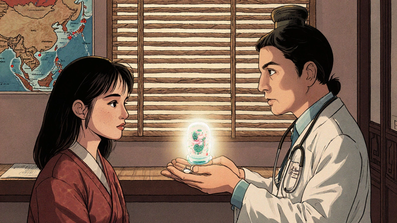 A doctor gives a single pill to a traveler in a rural clinic, symbolizing cure for giardiasis.
