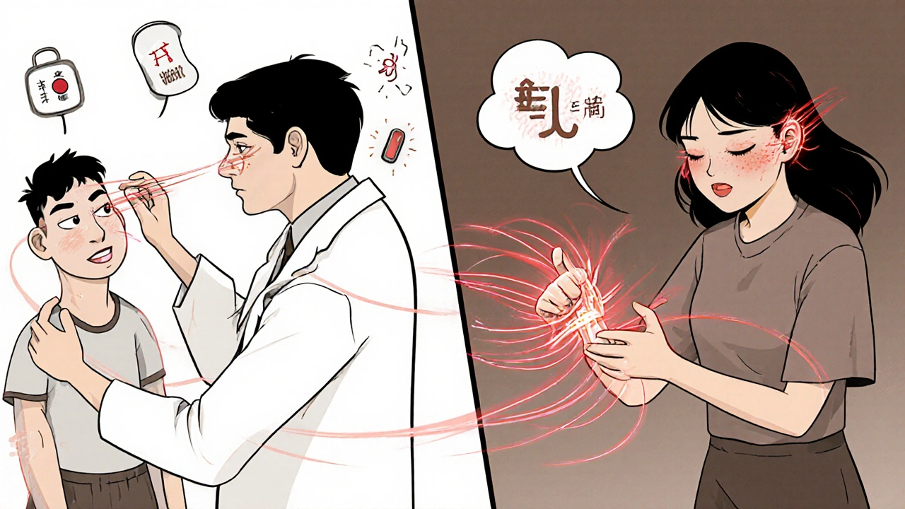 A doctor tests a patient&#039;s eye movements for vertigo while icons of common causes float nearby, and a therapist performs the Epley maneuver.