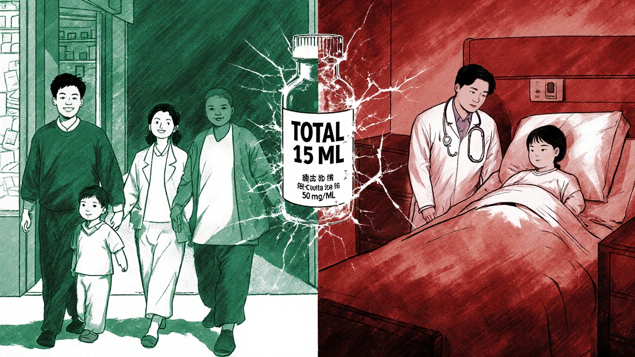 A family walks safely from the pharmacy on one side, while a medical emergency unfolds on the other, separated by a broken label.
