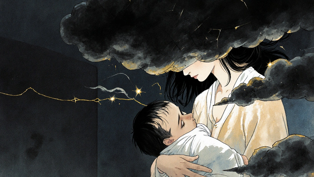 A mother holding her baby while dark clouds and mirrors hover around her, symbolizing postpartum depression with psychological distress.