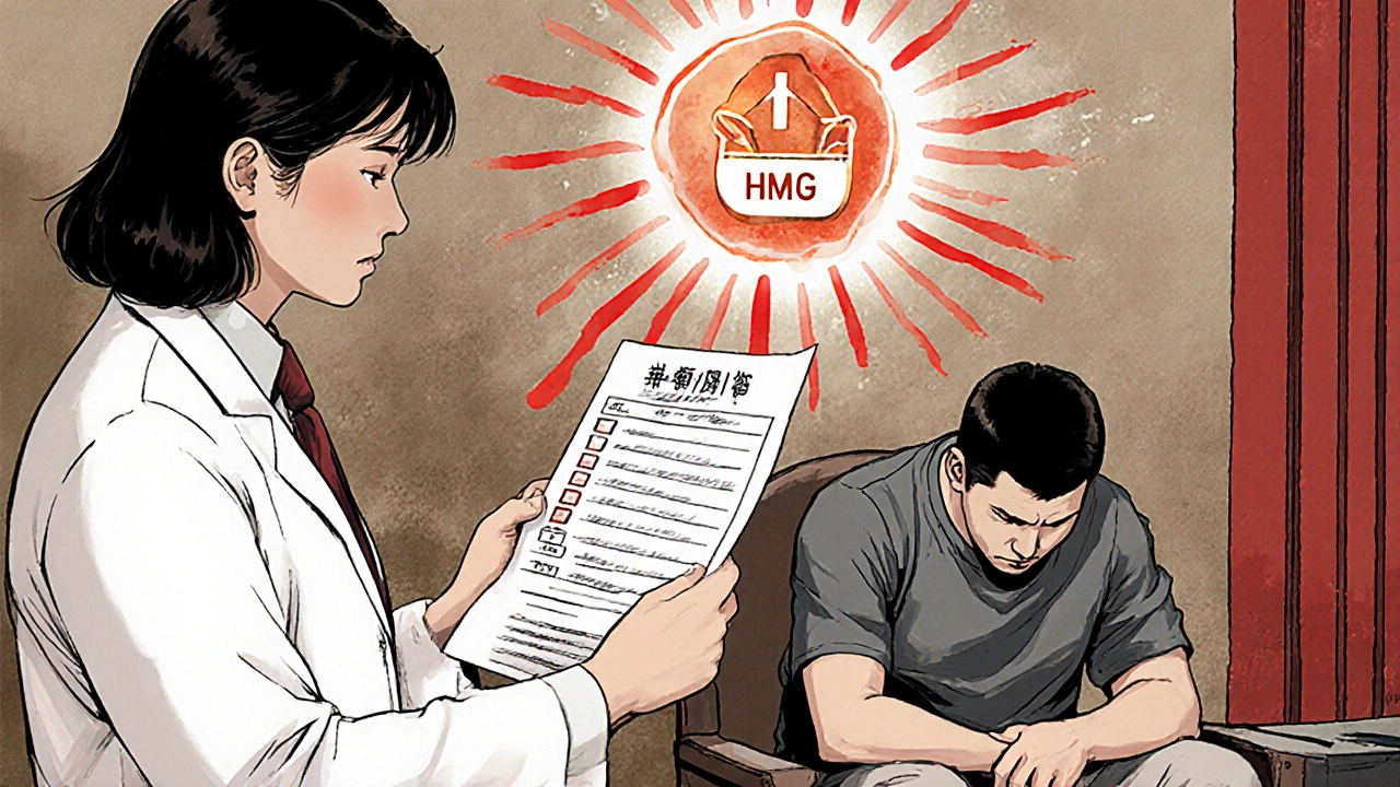 A patient with high CK levels sits weakly as antibodies attack muscle cells in a clinical setting.