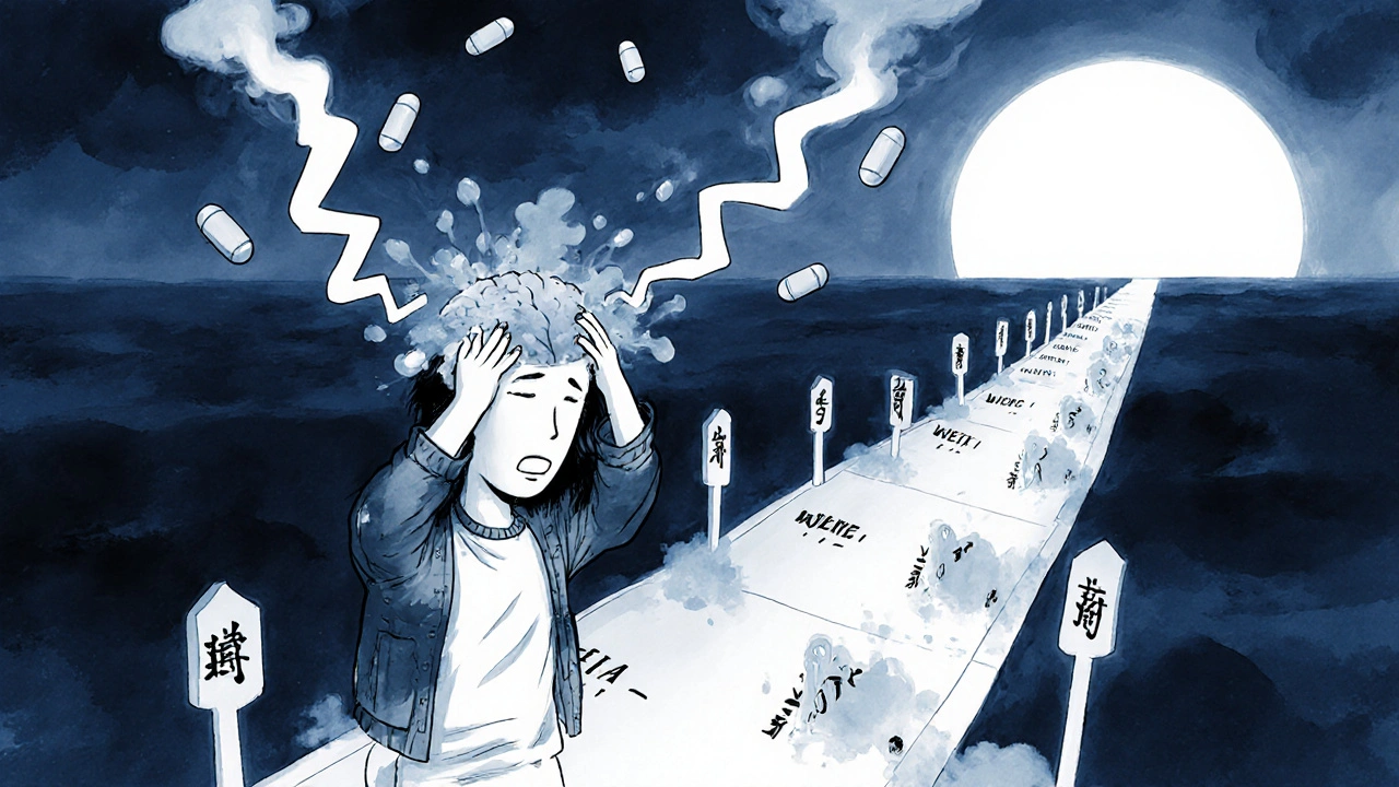 A person experiencing withdrawal with brain zaps, while a tapering path leads to calm sunrise.