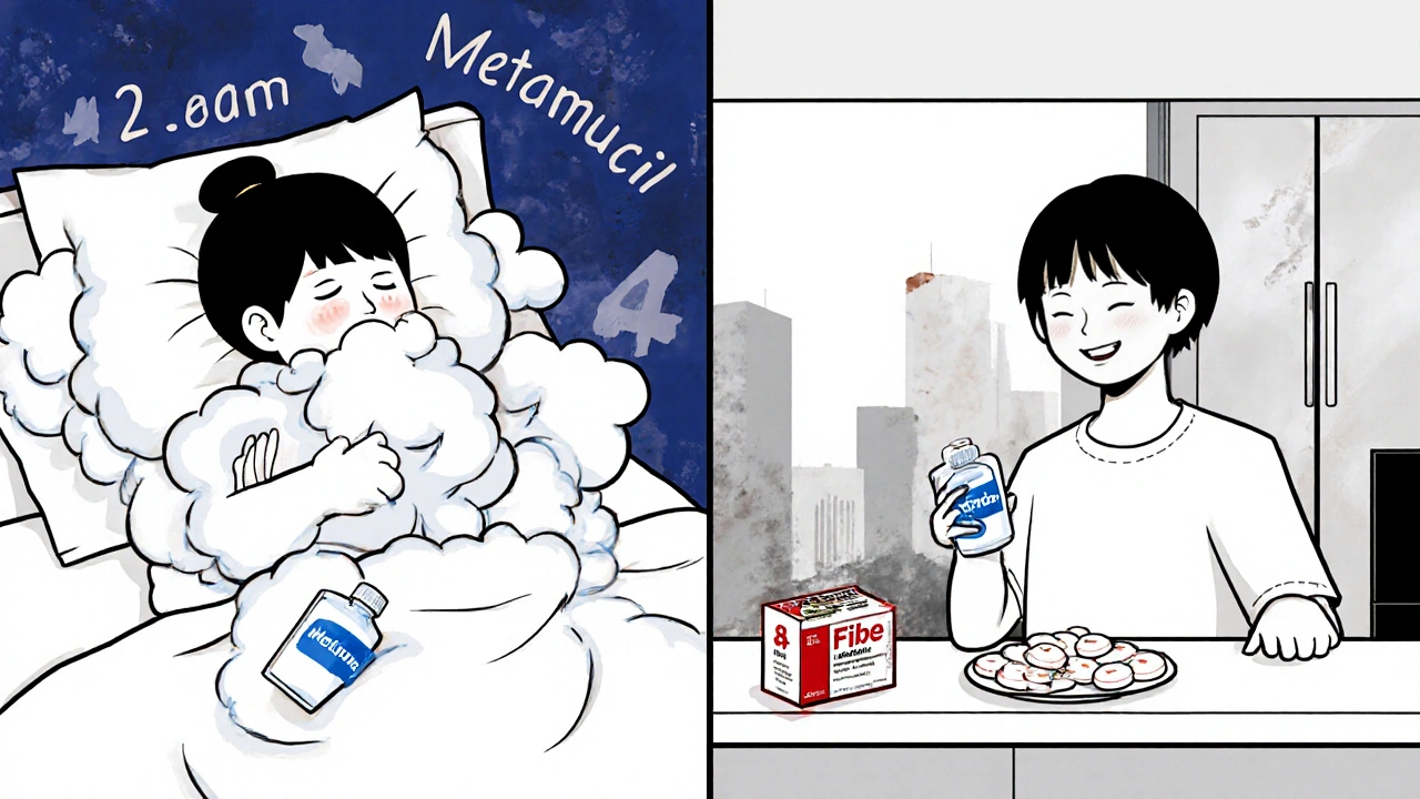 A person suffers nighttime bloating from fiber taken too close to bed, contrasted with a calm morning routine with proper timing.