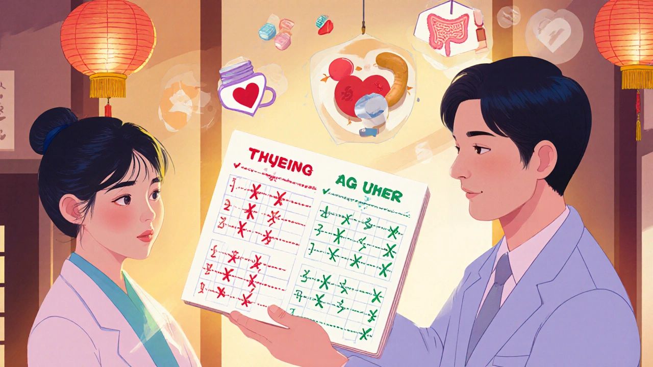 A pharmacist shows a patient a visual chart separating fiber and medications with clear time intervals.